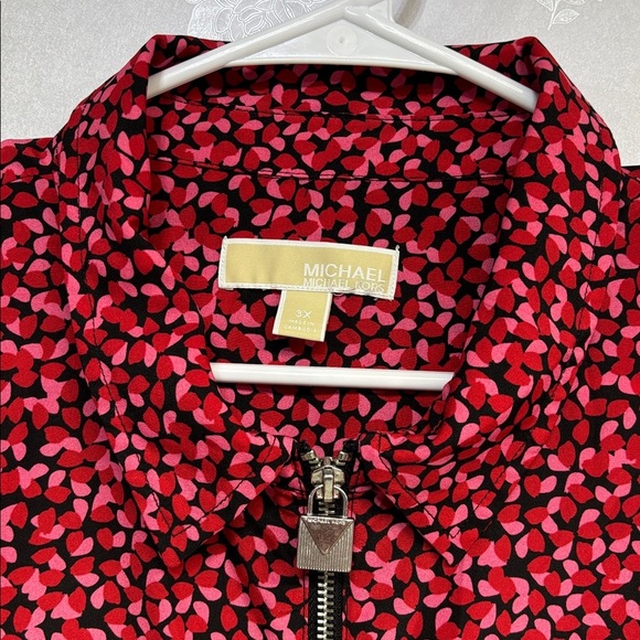 MICHAEL Michael Kors Red Pink Patterned long rollup sleeves full zip up shirt - Picture 2 of 12